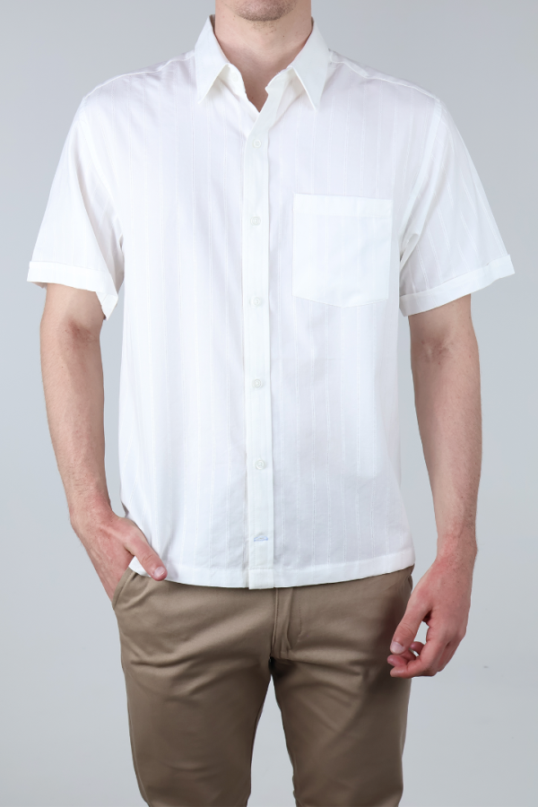 Camisa Blanca Moda Hombre Verano Manga Corta Con Rayas Y Bolsillo